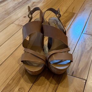 Franco Sarto size 8M Brown Women’s Cork Wedge Sandals - Open Toe Slingback